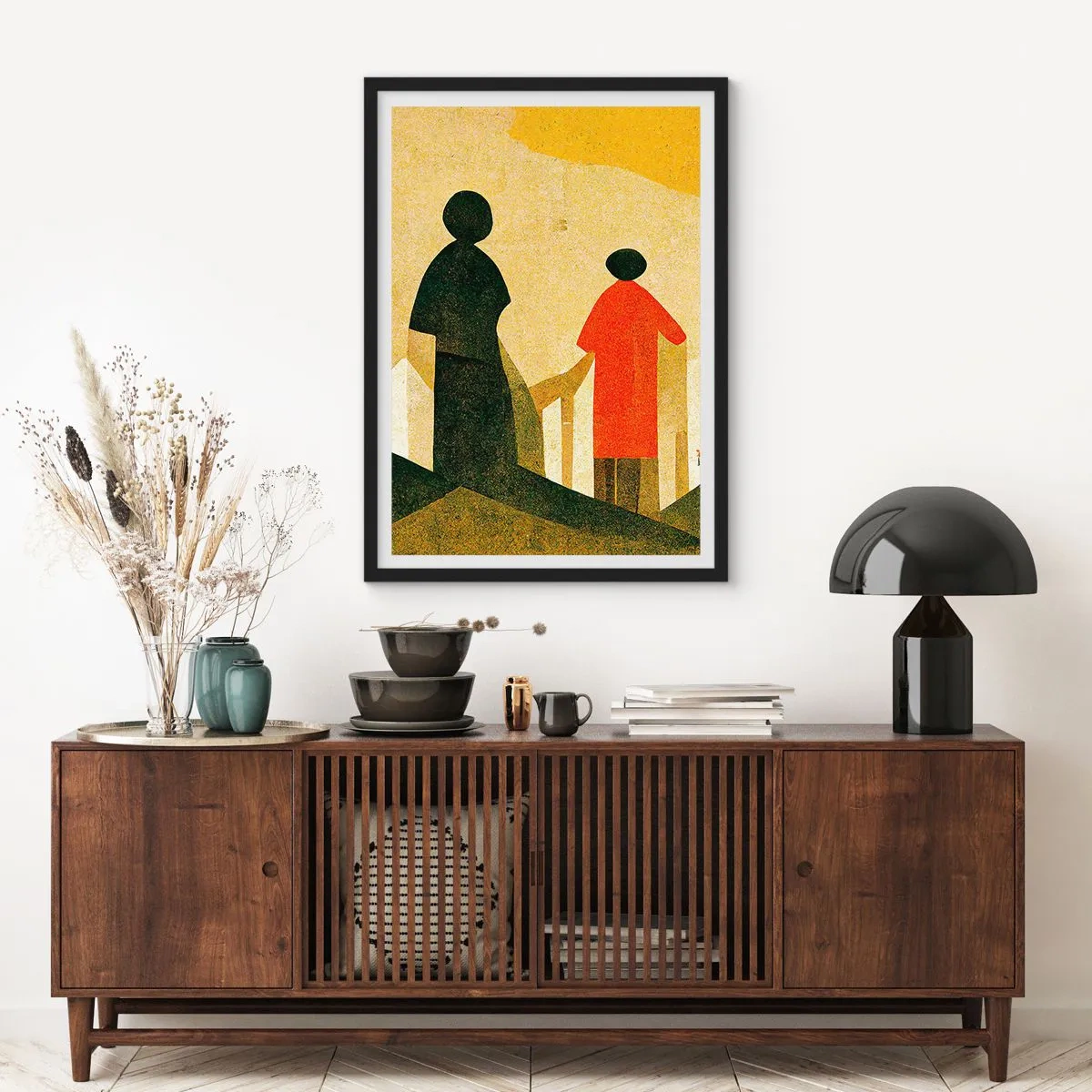 Pôster com moldura preta - Silhuetas geométricas de figuras contra o fundo de uma paisagem abstrata - 50x70cm - Ainda há um longo caminho a percorrer - Decoração de parede moderna para a sala de estar e quarto ARTTOR