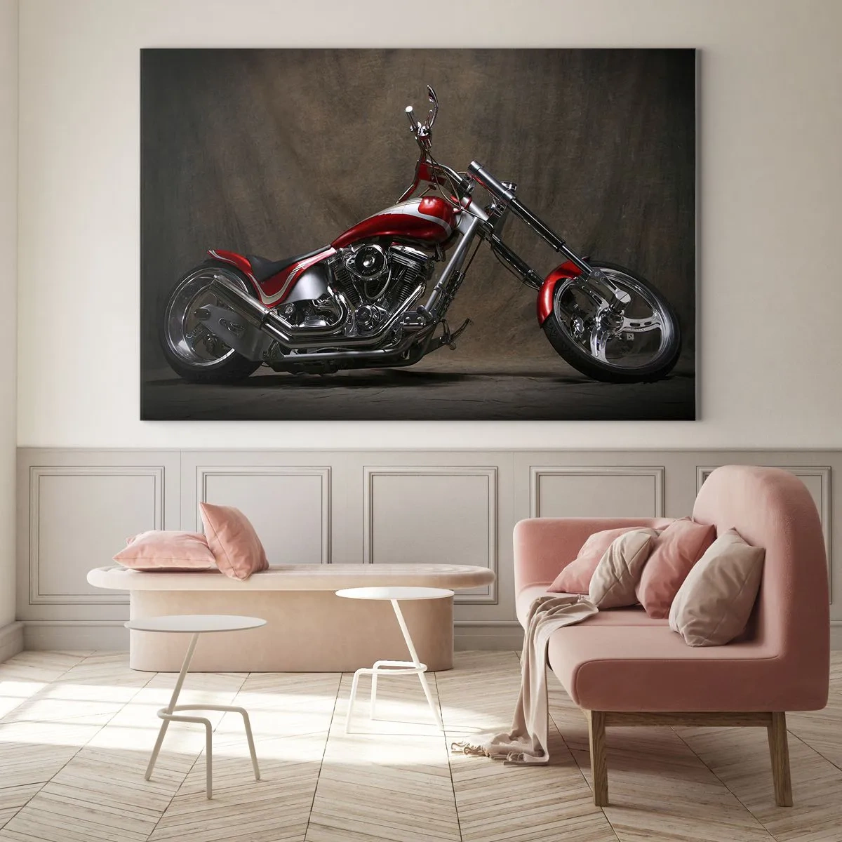 Quadro em vidro - Motocicleta vermelha personalizada em fundo escuro - 70x50cm - Beleza vermelho-prata - Decoração de parede moderna para a sala de estar e quarto ARTTOR