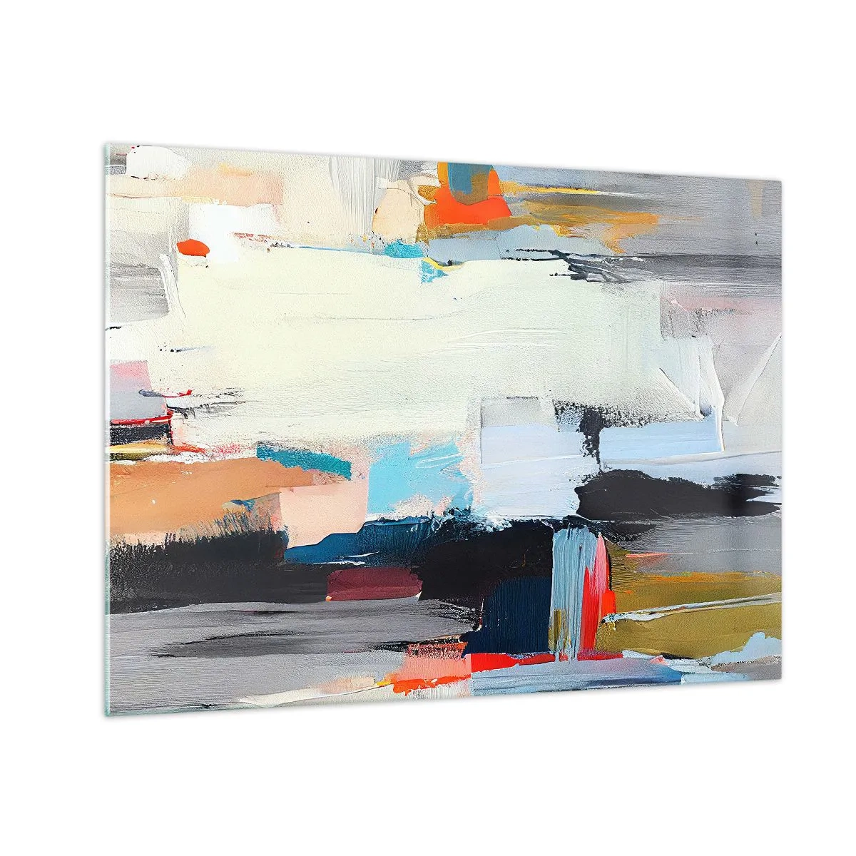 Quadro em vidro - Composição abstrata com manchas e traços coloridos - 70x50cm - Há um método? - Decoração de parede moderna para a sala de estar e quarto ARTTOR