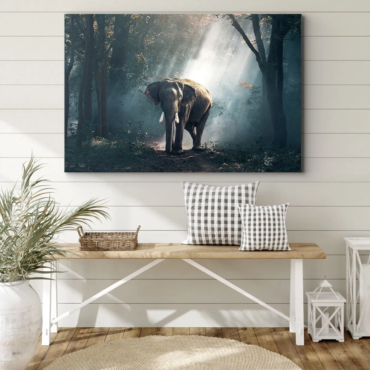 Quadro em tela - Elefante na luz da floresta - 70x50cm - Um passeio descontraído - Decoração de parede moderna para a sala de estar e quarto ARTTOR