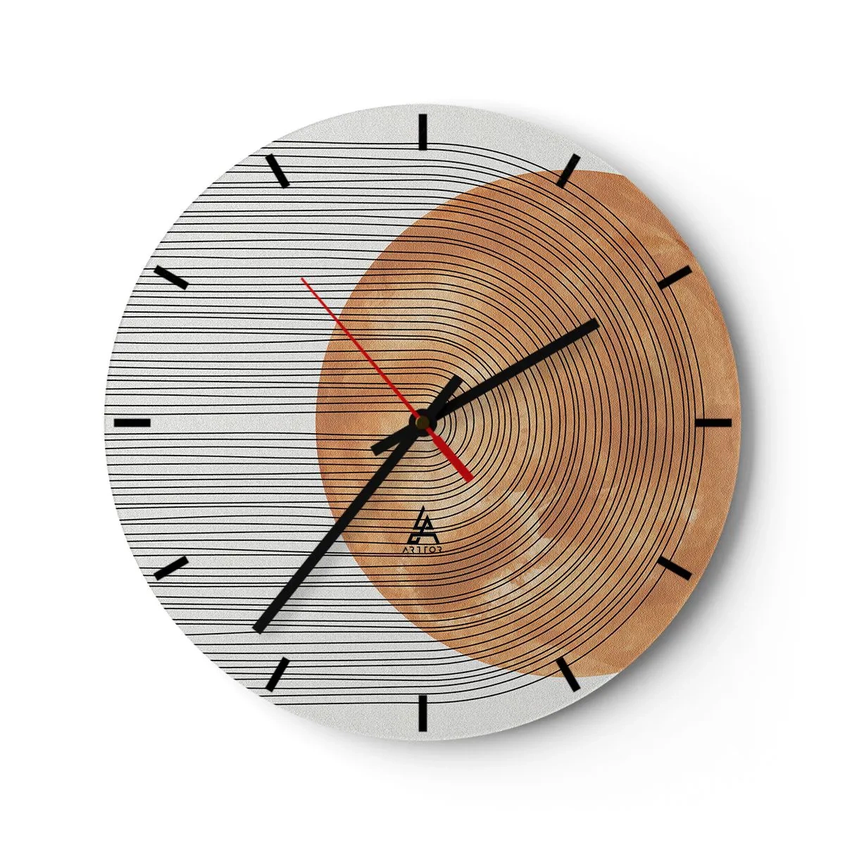 Relógio de parede - Relógio em vidro - Madeira e linhas sobre fundo claro em harmonia geométrica - 30x30cm - Composição solar - Decoração de parede moderna para a sala de estar, cozinha e quarto ARTTOR