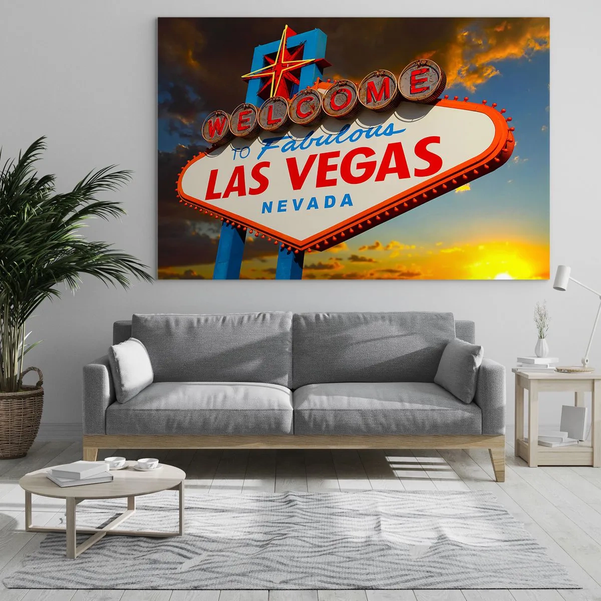 Quadro em vidro - Placa de boas-vindas de Las Vegas contra o pôr do sol - 70x50cm - Por um sorriso do destino - Decoração de parede moderna para a sala de estar e quarto ARTTOR