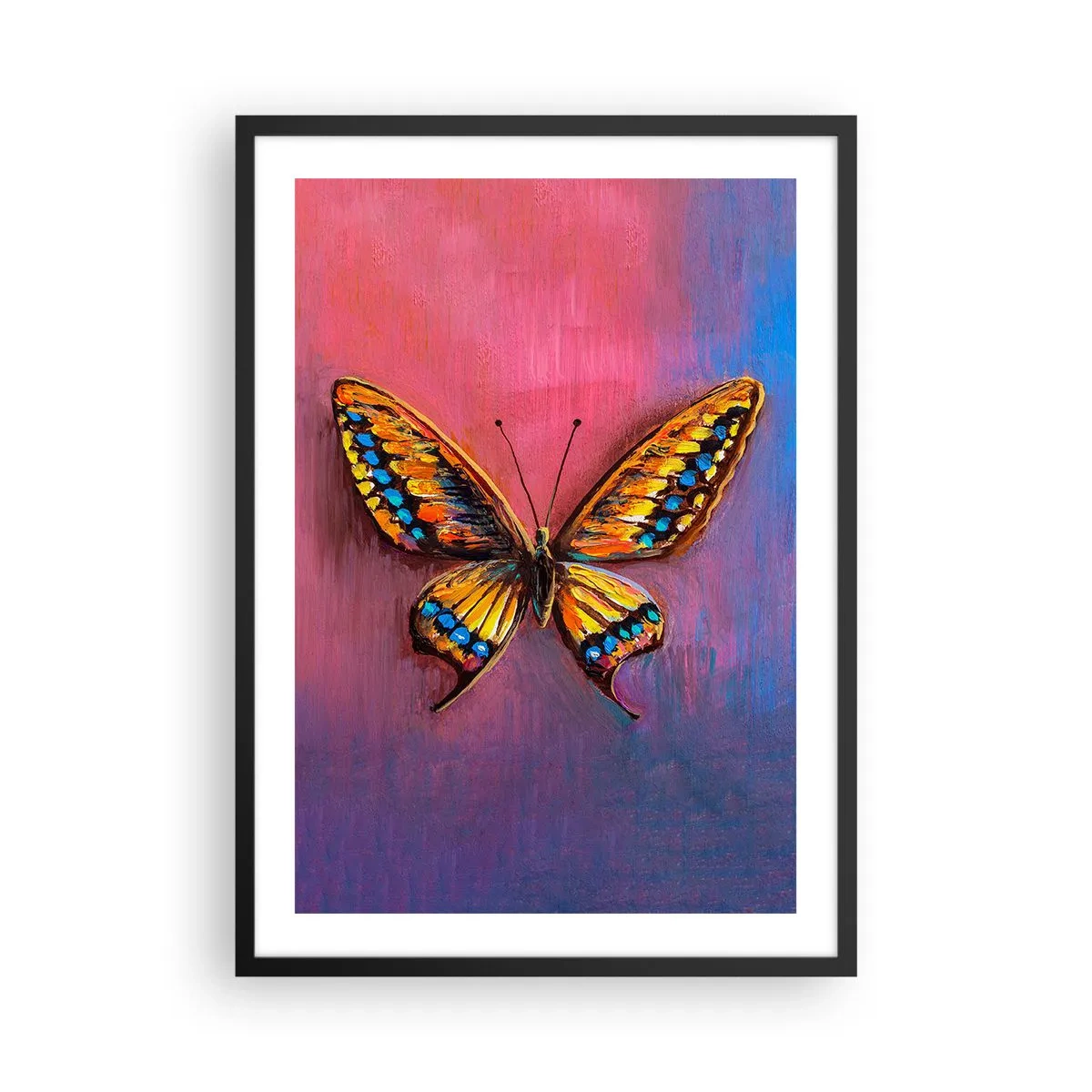 Pôster com moldura preta - Uma borboleta colorida em um fundo artístico com cores intensas. - 50x70cm - Uma joia da natureza - Decoração de parede moderna para a sala de estar e quarto ARTTOR