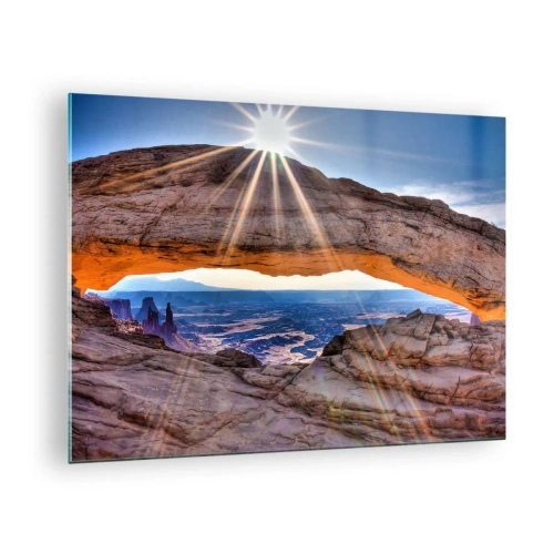 Quadro em vidro - Arco de rocha com raios de sol contra o fundo da paisagem - 70x50cm - Através do portão de pedra - Decoração de parede moderna para a sala de estar e quarto ARTTOR