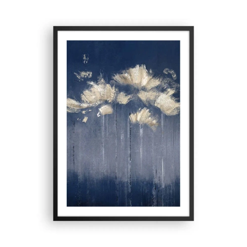 Pôster com moldura preta - Flores abstratas douradas em um fundo azul marinho profundo - 50x70cm - Como pétalas ao vento - Decoração de parede moderna para a sala de estar e quarto ARTTOR