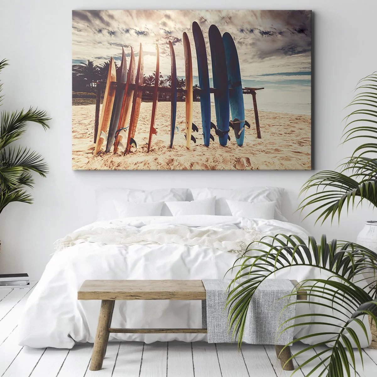 Quadro em tela - Pranchas de surfe na praia ao pôr do sol - 70x50cm - Boa noite, até amanhã - Decoração de parede moderna para a sala de estar e quarto ARTTOR