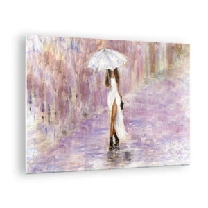 Quadro em vidro - Figura de uma mulher com um guarda-chuva em uma cena de chuva lilás - 70x50cm - Na chuva lilás - Decoração de parede moderna para a sala de estar e quarto ARTTOR