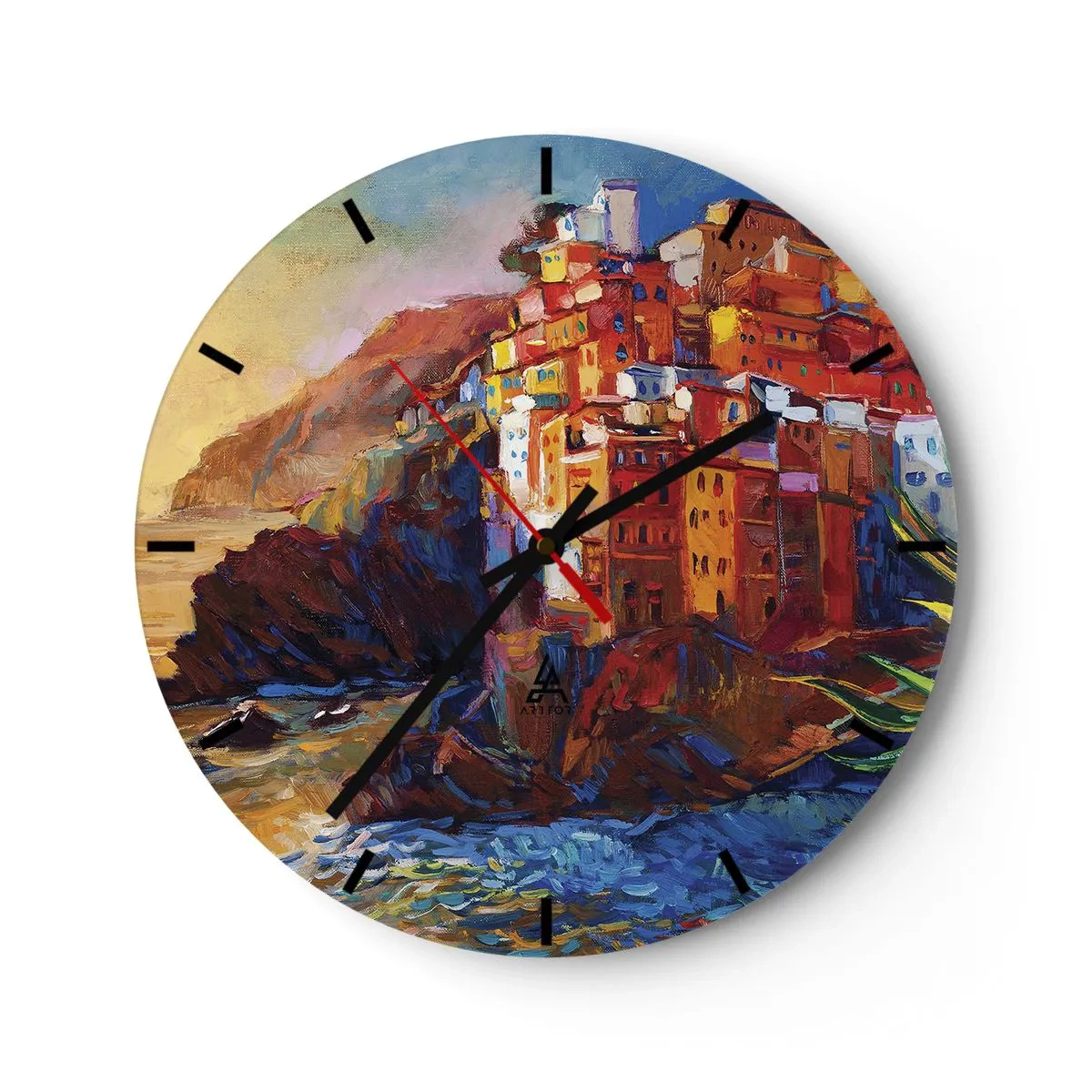 Relógio de parede - Relógio em vidro - Uma vila pitoresca em uma costa rochosa - 30x30cm - Vibrações italianas - Decoração de parede moderna para a sala de estar, cozinha e quarto ARTTOR