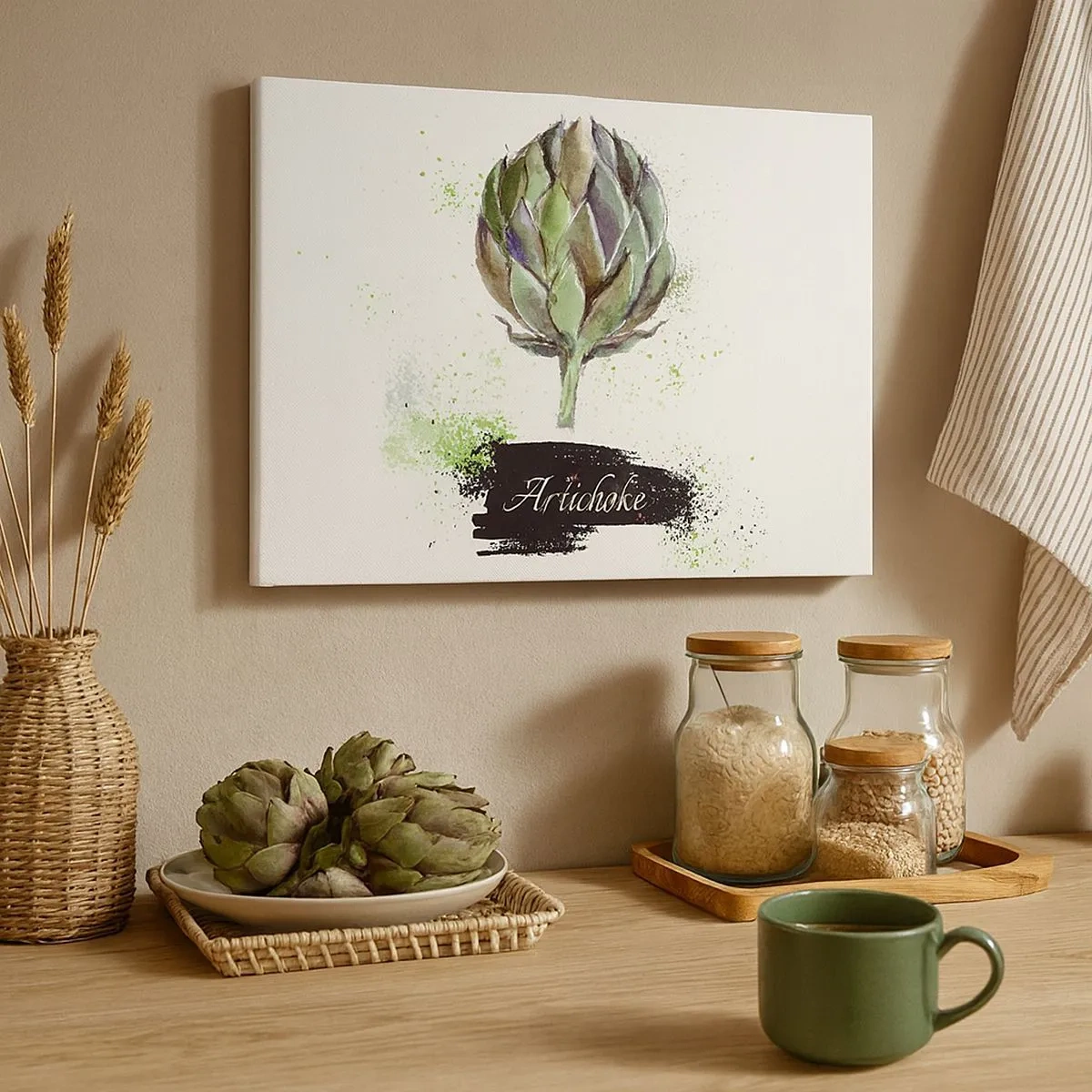 Quadro em tela - Alcachofra em aquarela com texto sobre fundo claro com detalhes em verde - 70x50cm - Viva os vegetais! - Decoração de parede moderna para a sala de estar e quarto ARTTOR