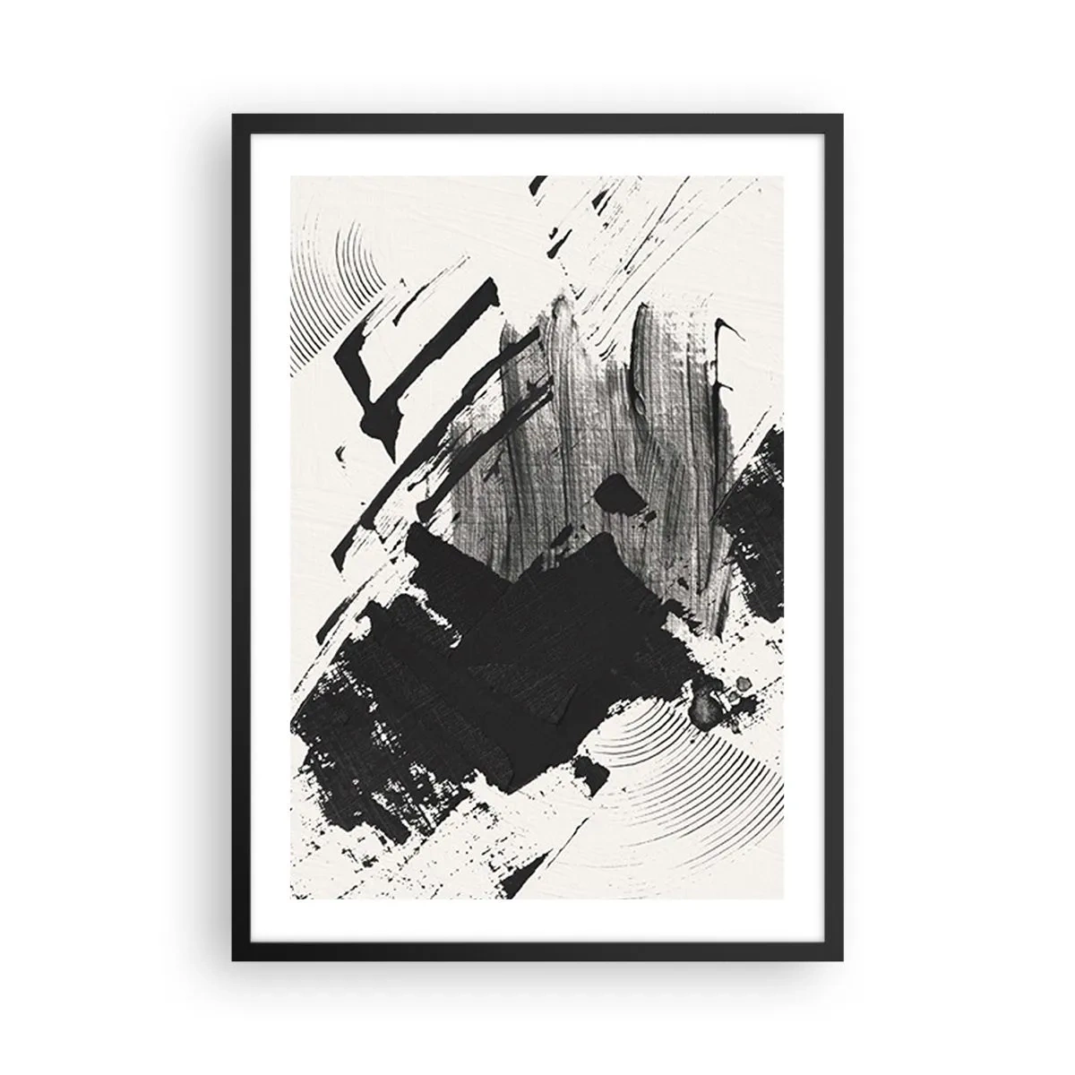 Pôster com moldura preta - Pinceladas abstratas em preto e branco - 50x70cm - Abstração – expressão do preto - Decoração de parede moderna para a sala de estar e quarto ARTTOR