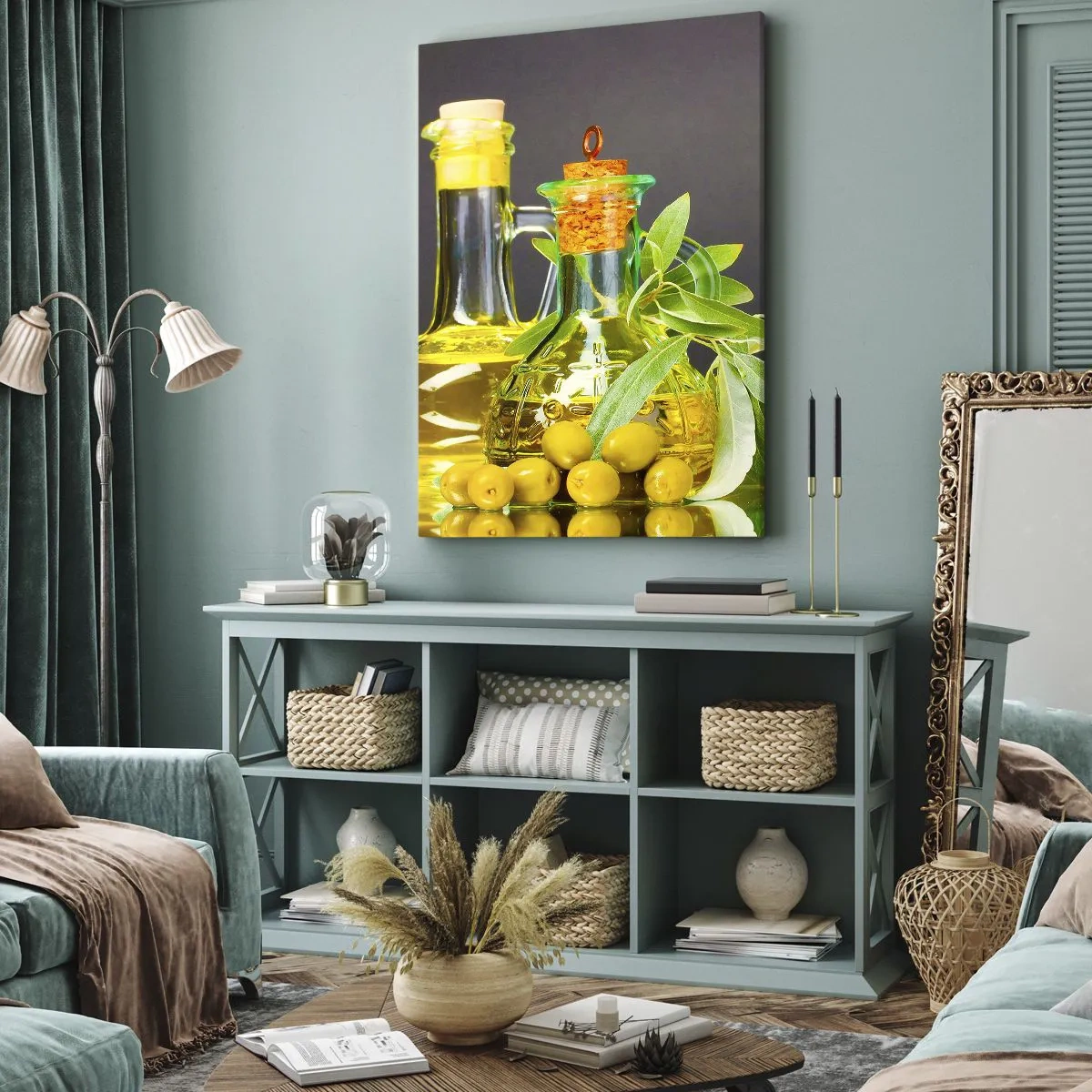 Quadro em tela - Natureza morta com azeitonas e azeite - 45x80 cm