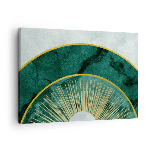 Quadro em tela - Padrão abstrato com círculos em cores esmeralda e dourada. - 70x50cm - Outro sistema solar - Decoração de parede moderna para a sala de estar e quarto ARTTOR