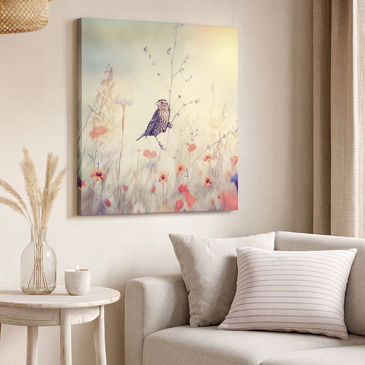 Quadro em tela - Retrato de um pássaro com um prado no fundo - 30x30 cm