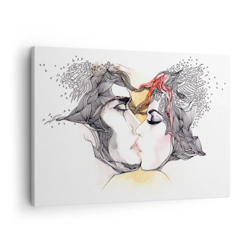 Quadro em tela - Retrato artístico de um casal com motivos abstratos de cabelo - 70x50cm - O mundo não existe - Decoração de parede moderna para a sala de estar e quarto ARTTOR