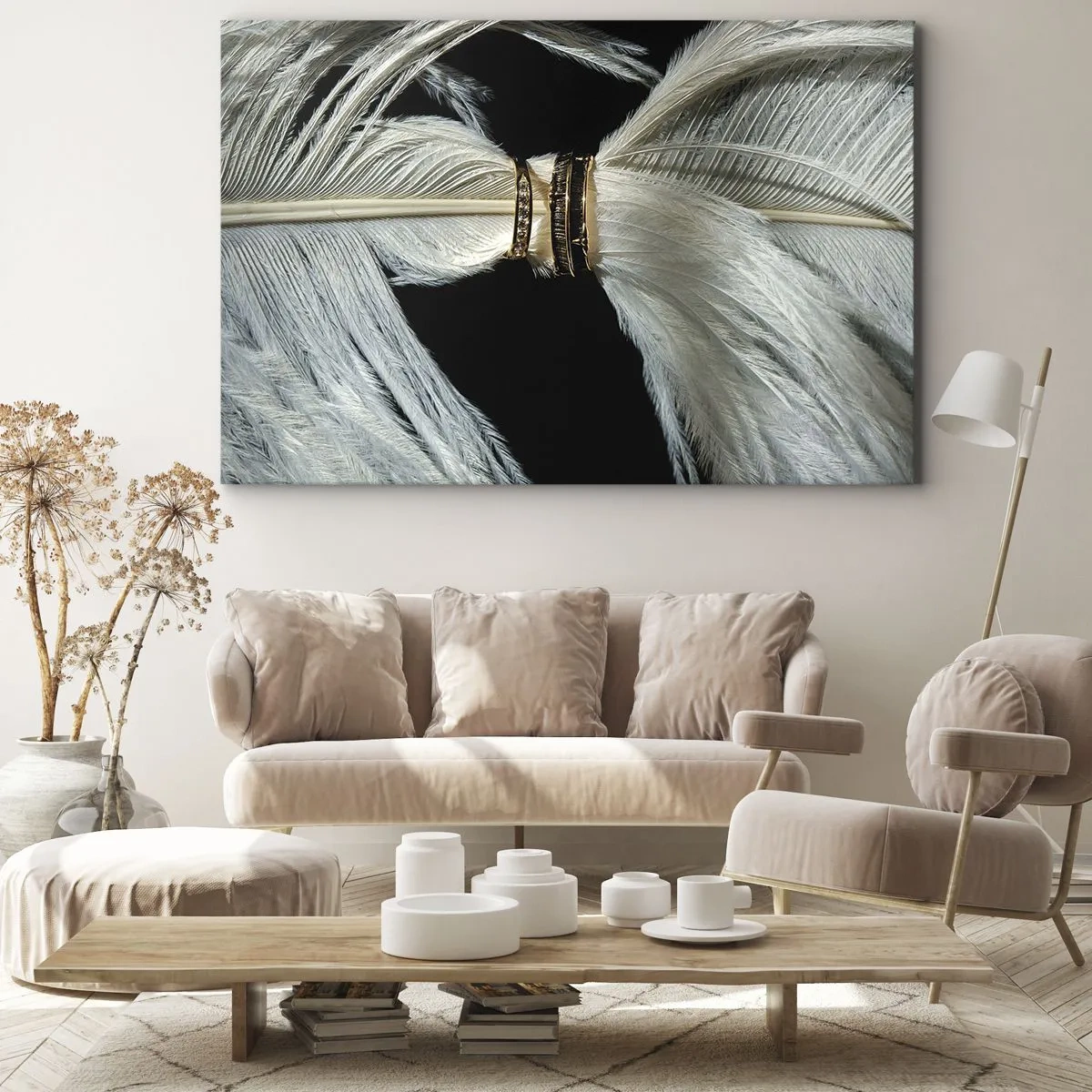 Quadro em tela - Uma pena branca com dois anéis de ouro em um fundo preto - 70x50cm - ...todos os dias da nossa vida... - Decoração de parede moderna para a sala de estar e quarto ARTTOR