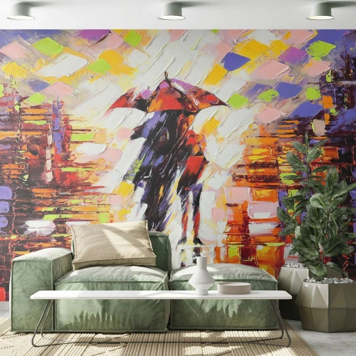 Papel de Parede Autocolante Deluxe Sticker - Juntos durante a noite e a chuva - Abstração, Casal apaixonado, Caminhada na chuva - 350x256 cm