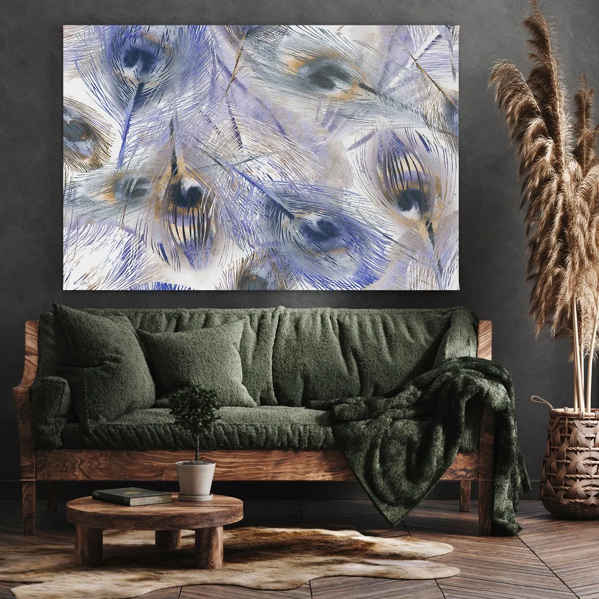 Quadro em tela - Um padrão com penas de pavão em tons de azul e dourado - 70x50cm - Composição do pavão - Decoração de parede moderna para a sala de estar e quarto ARTTOR