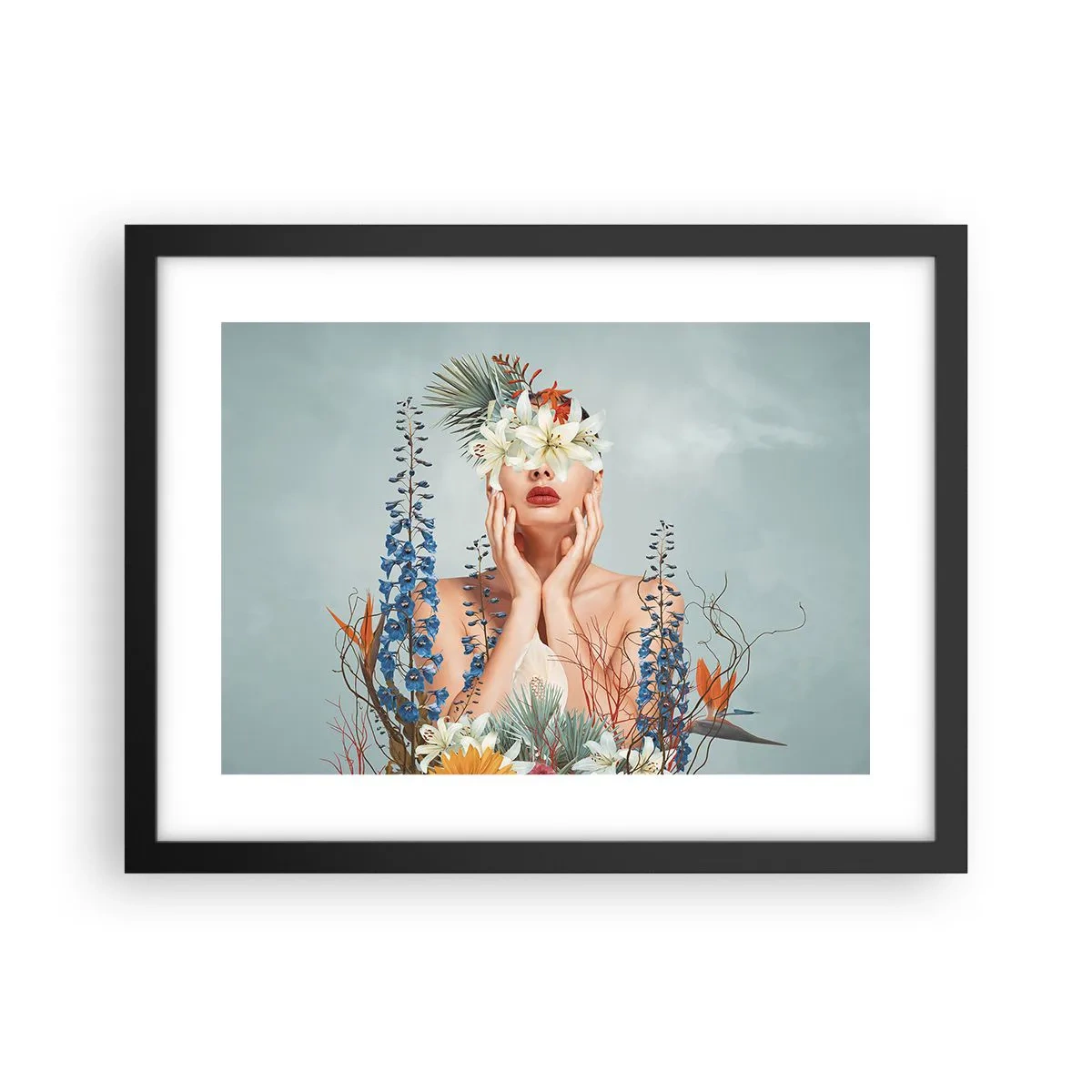 Pôster com moldura preta - Mulher – flor - 40x30 cm