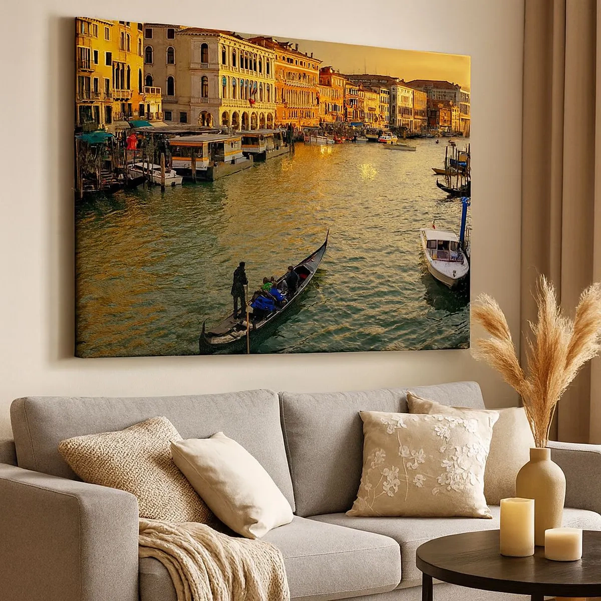 Quadro em tela - Gôndola em um canal de Veneza ao pôr do sol - 70x50cm - No lado ensolarado da rua - Decoração de parede moderna para a sala de estar e quarto ARTTOR