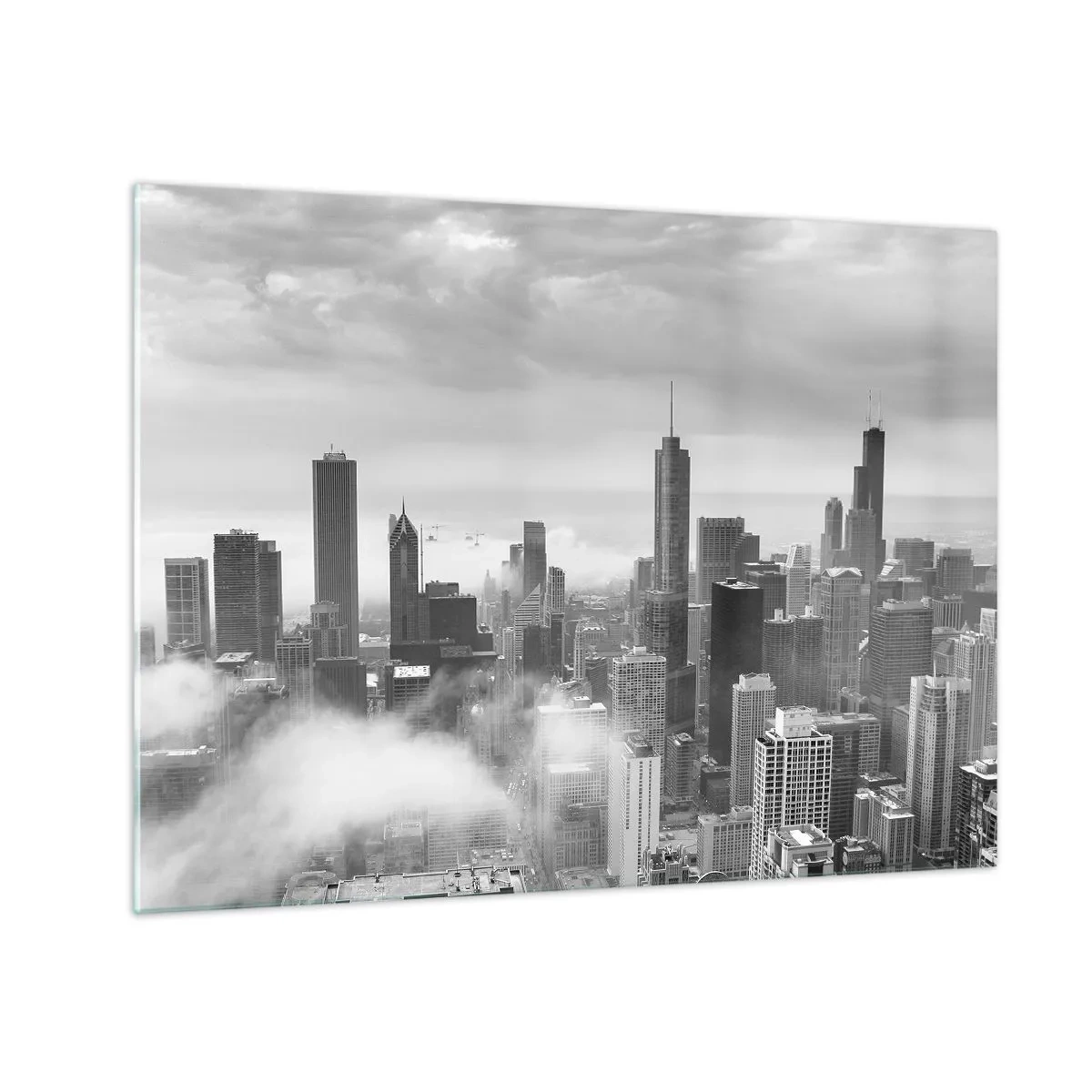 Quadro em vidro - Panorama da cidade com arranha-céus em preto e branco - 70x50cm - Paisagem americana - Decoração de parede moderna para a sala de estar e quarto ARTTOR