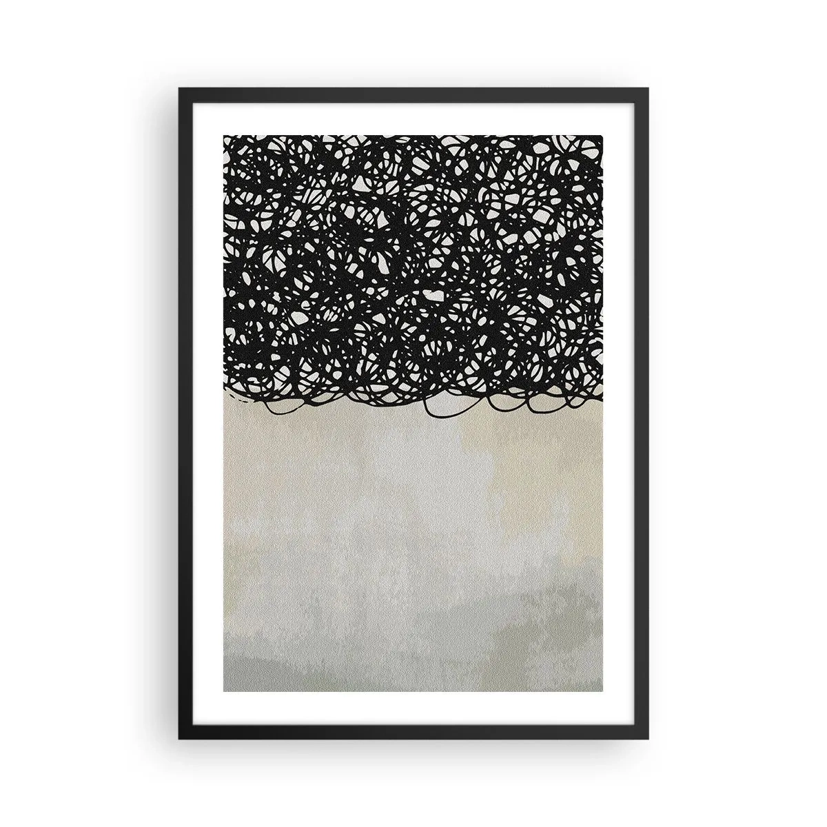 Pôster com moldura preta - Composição abstrata com linhas pretas sobre fundo claro - 50x70cm - Abstração turbulenta - Decoração de parede moderna para a sala de estar e quarto ARTTOR