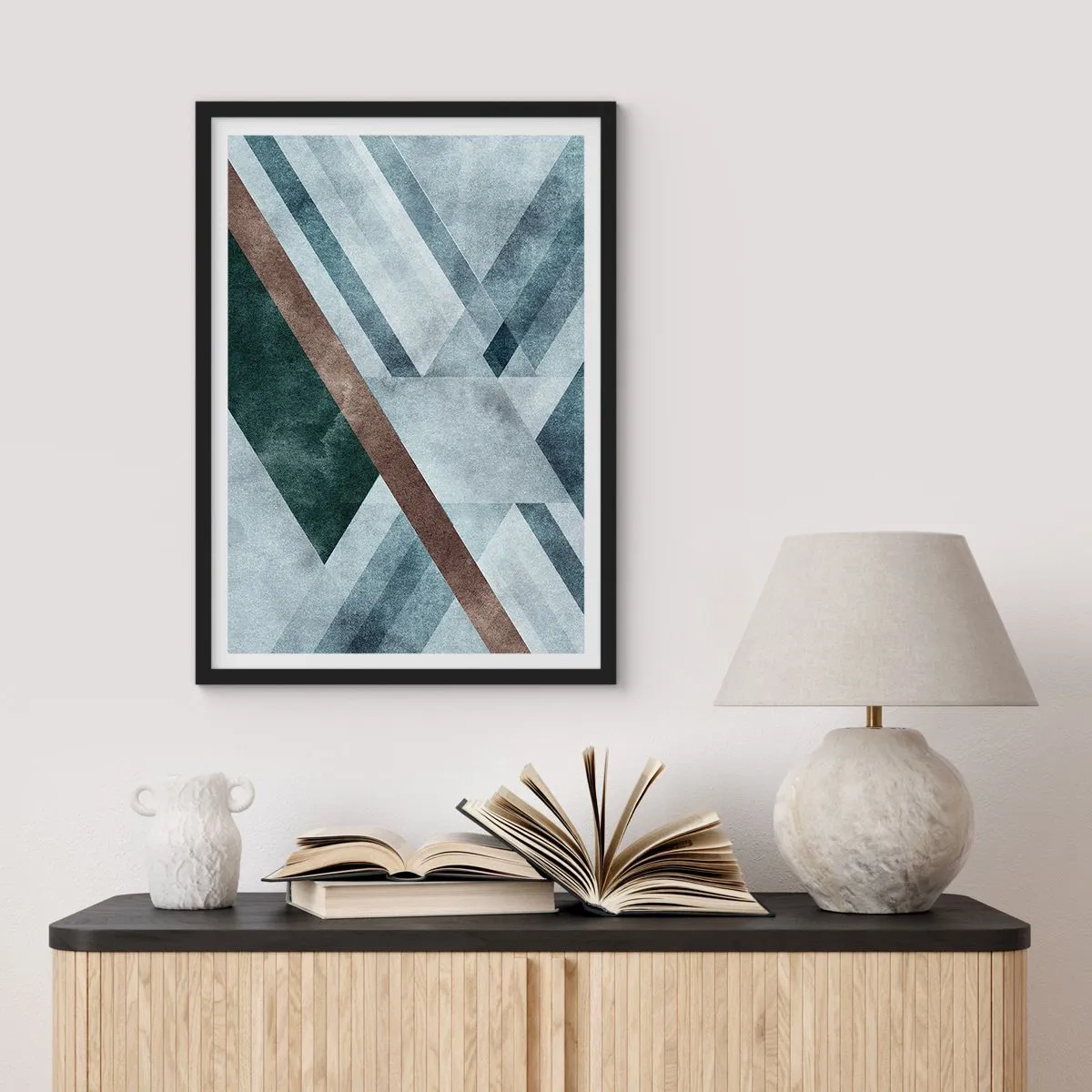 Pôster com moldura preta - Composição geométrica em tons de azul e marrom - 50x70cm - Elegância sofisticada da geometria - Decoração de parede moderna para a sala de estar e quarto ARTTOR