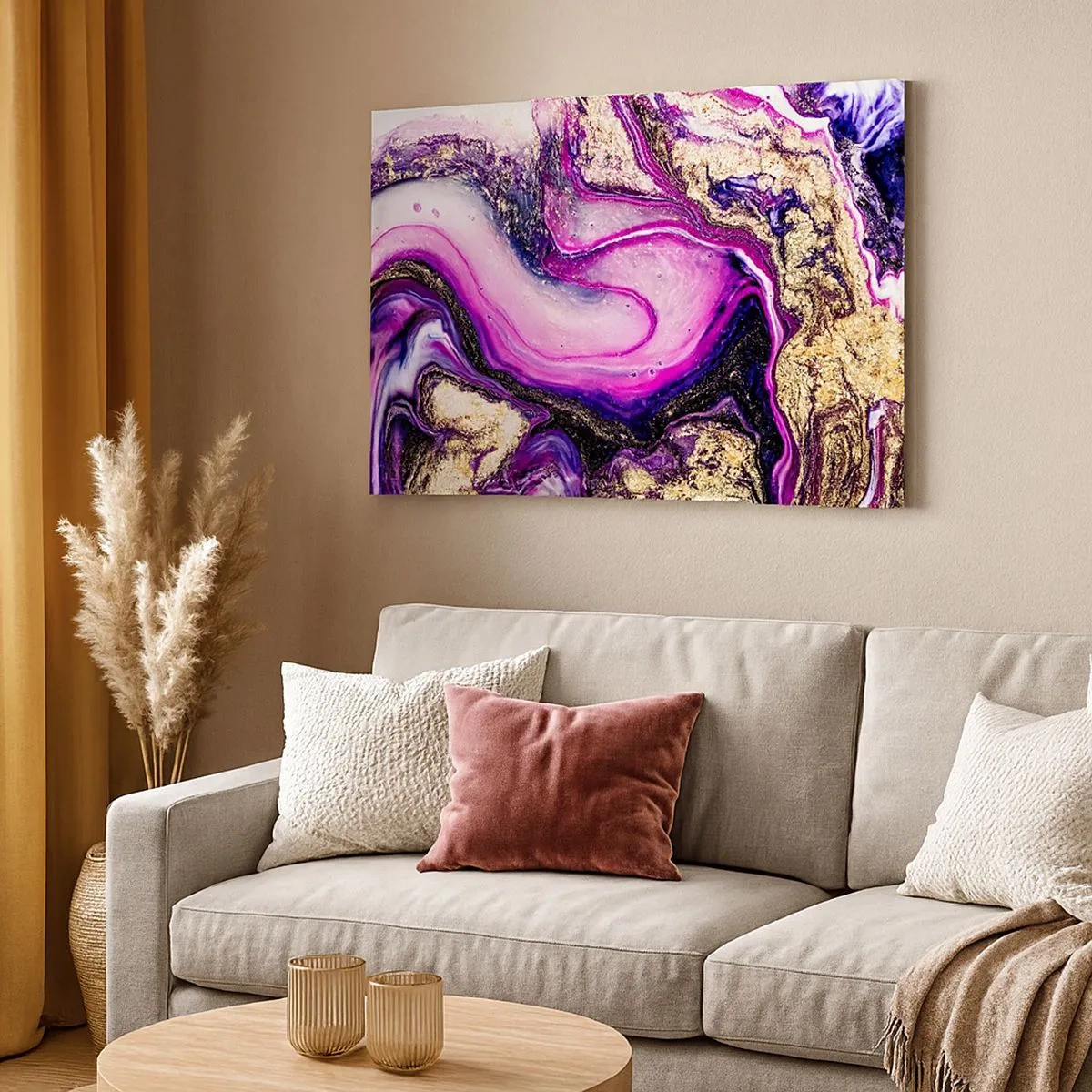 Quadro em tela - Ondas abstratas em tons de roxo e dourado - 70x50cm - Um momento nos bastidores - Decoração de parede moderna para a sala de estar e quarto ARTTOR