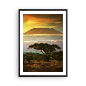 Pôster com moldura preta - Kilimanjaro ao pôr do sol na savana africana - 50x70cm - O sonho do viajante - Decoração de parede moderna para a sala de estar e quarto ARTTOR
