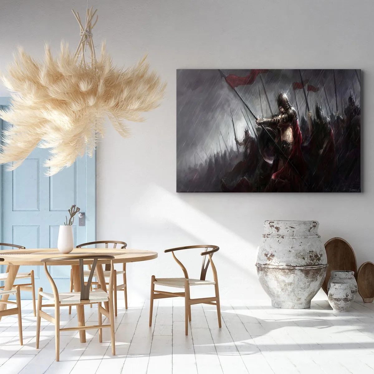 Quadro em tela - Cavaleiros marchando para o campo de batalha na chuva - 70x50cm - Viajante, vá e diga a Esparta... - Decoração de parede moderna para a sala de estar e quarto ARTTOR