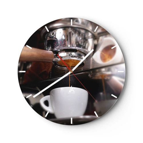 Relógio de parede - Relógio em vidro - Close-up de uma máquina de café com uma xícara de expresso - 30x30cm - Boa hora do dia - Decoração de parede moderna para a sala de estar, cozinha e quarto ARTTOR