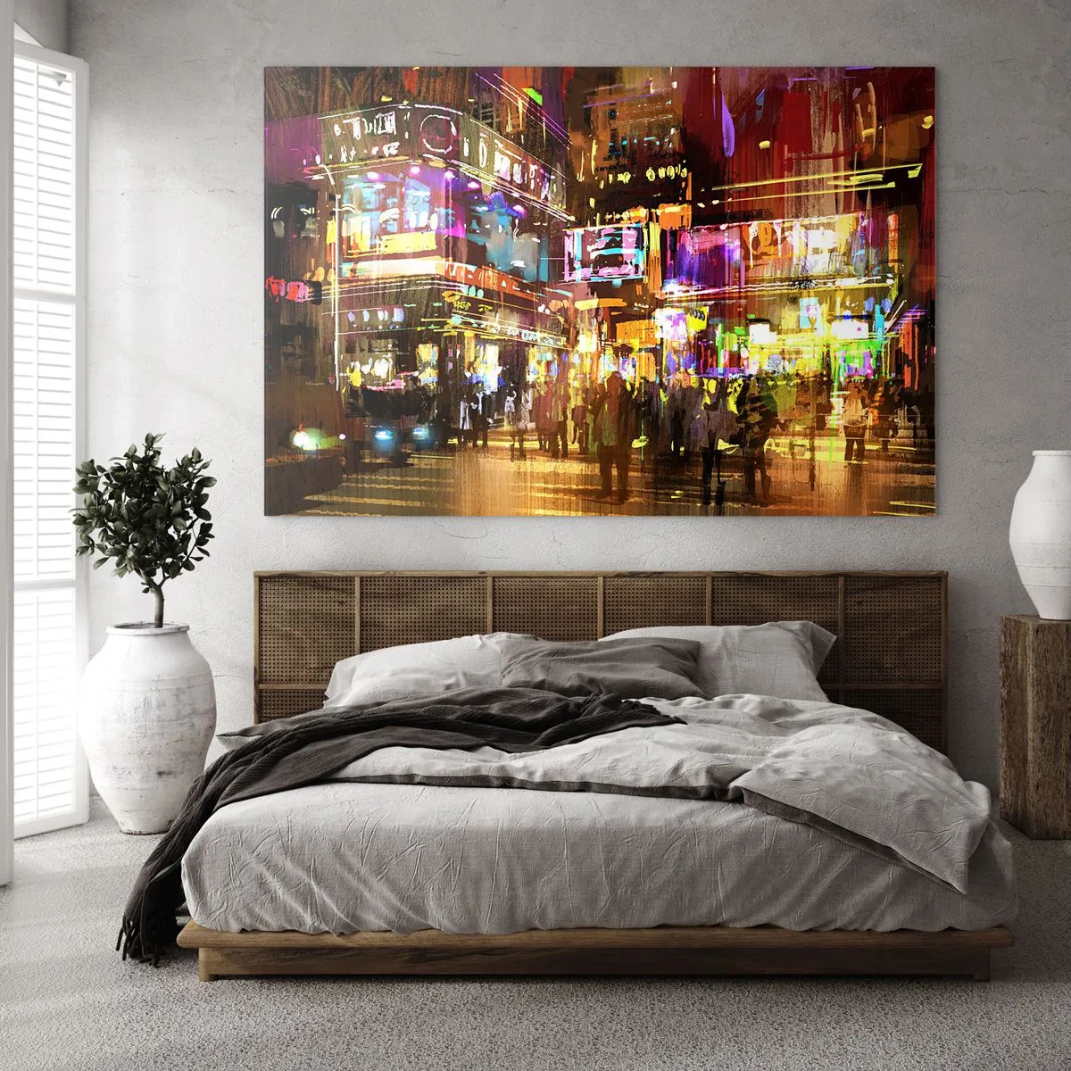 Quadro em vidro - Uma cidade vibrante sob a luz neon - 70x50cm - Num mar de luz - Decoração de parede moderna para a sala de estar e quarto ARTTOR