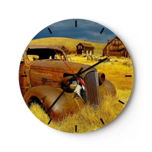 Relógio de parede - Relógio em vidro - Um carro velho e enferrujado tendo como pano de fundo uma vila abandonada - 30x30cm - Um merecido descanso - Decoração de parede moderna para a sala de estar, cozinha e quarto ARTTOR