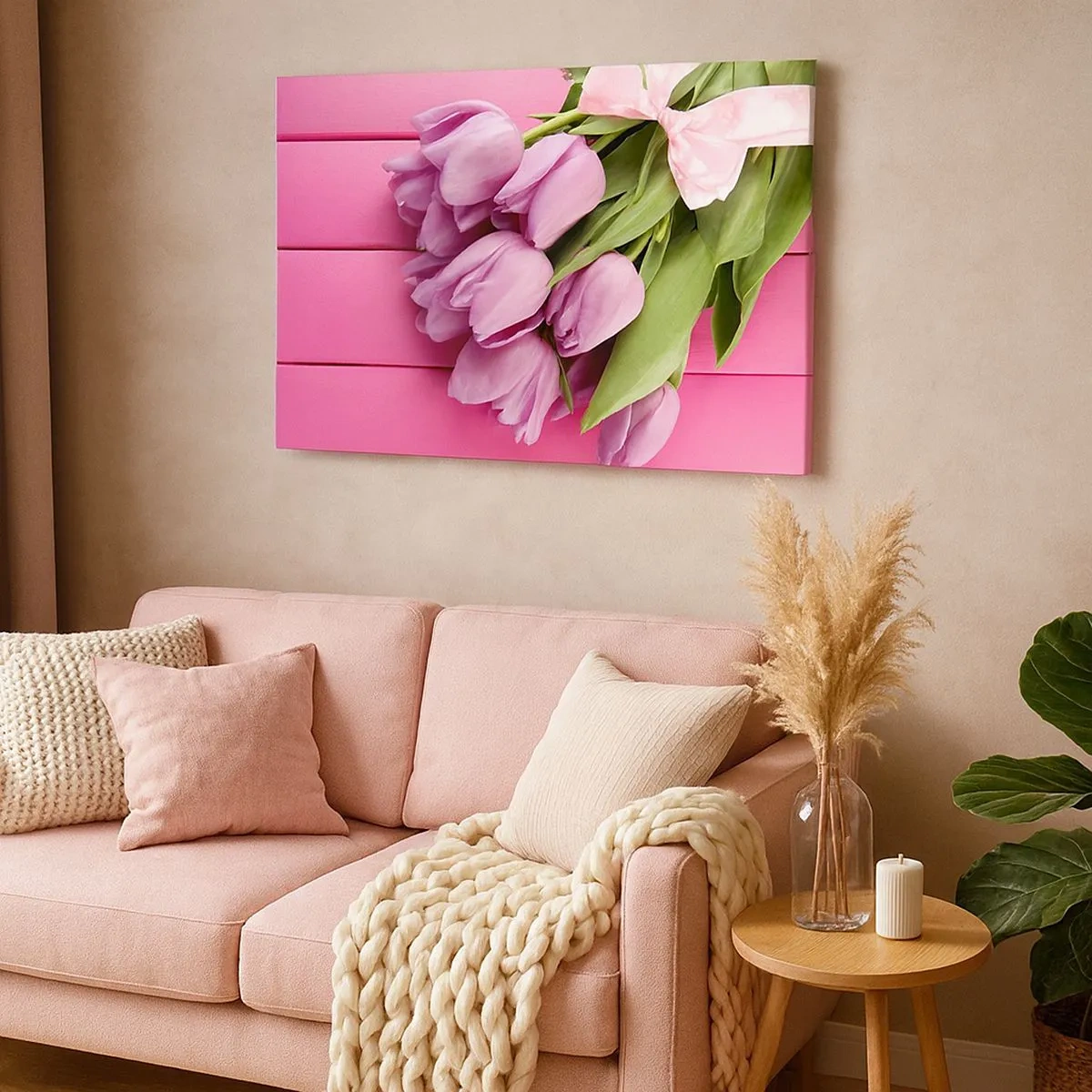 Quadro em tela - Um buquê de tulipas cor-de-rosa com um laço sobre um fundo rosa - 70x50cm - Só para si - Decoração de parede moderna para a sala de estar e quarto ARTTOR