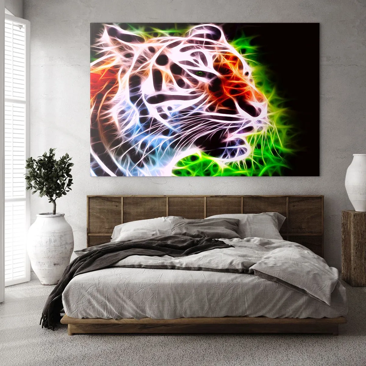 Quadro em vidro - Um tigre em cores neon e luminosas - 70x50cm - Aura perigosa - Decoração de parede moderna para a sala de estar e quarto ARTTOR
