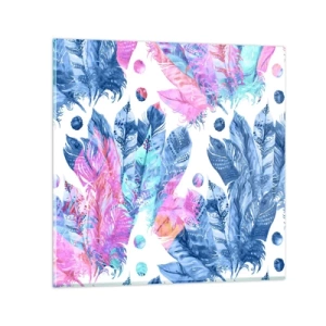 Quadro em vidro - Plumas em rosa e azul - 30x30 cm