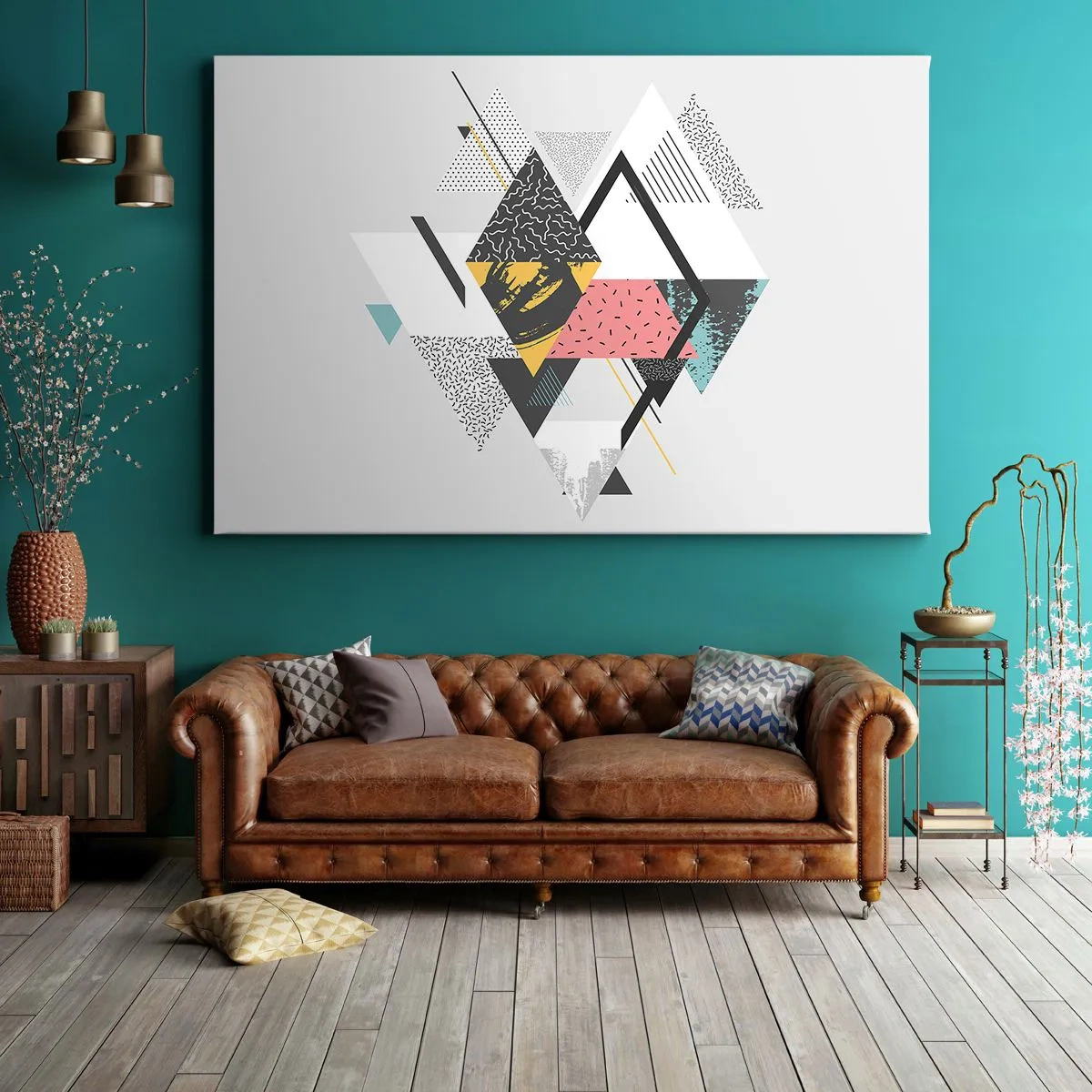 Quadro em tela - Padrões geométricos em um fundo claro - 70x50cm - Variações do triângulo e losango - Decoração de parede moderna para a sala de estar e quarto ARTTOR