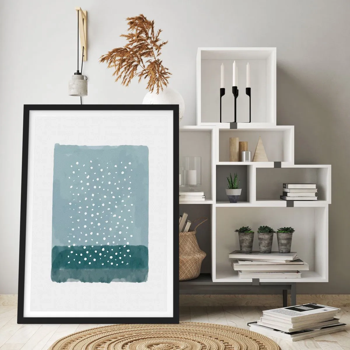 Pôster com moldura preta - Uma composição abstrata com pontos brancos em um fundo azul. - 50x70cm - Cultivado em azul - Decoração de parede moderna para a sala de estar e quarto ARTTOR