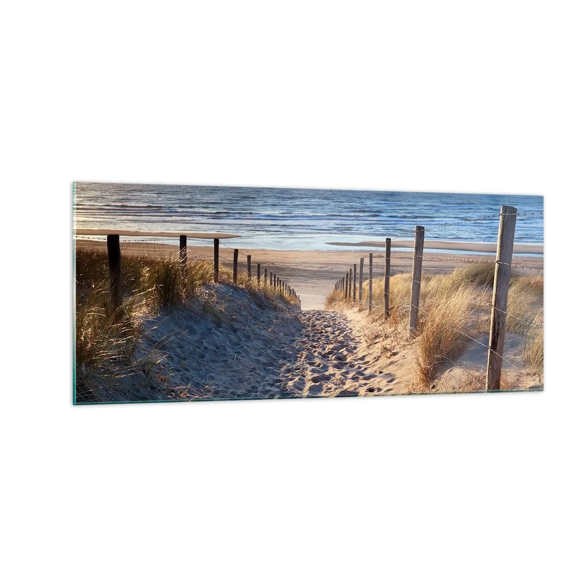 Quadro em vidro - O som do mar, o canto dos pássaros, a praia selvagem entre a relva... - 100x40 cm