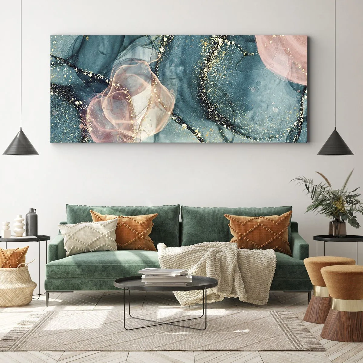 Quadro em tela - Azul seda, rosa tule - 100x40 cm