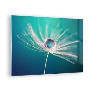 Quadro em vidro - Fotografia macro de uma semente de dente-de-leão com uma gota de orvalho sobre um fundo turquesa - 70x50cm - Momento místico - Decoração de parede moderna para a sala de estar e quarto ARTTOR