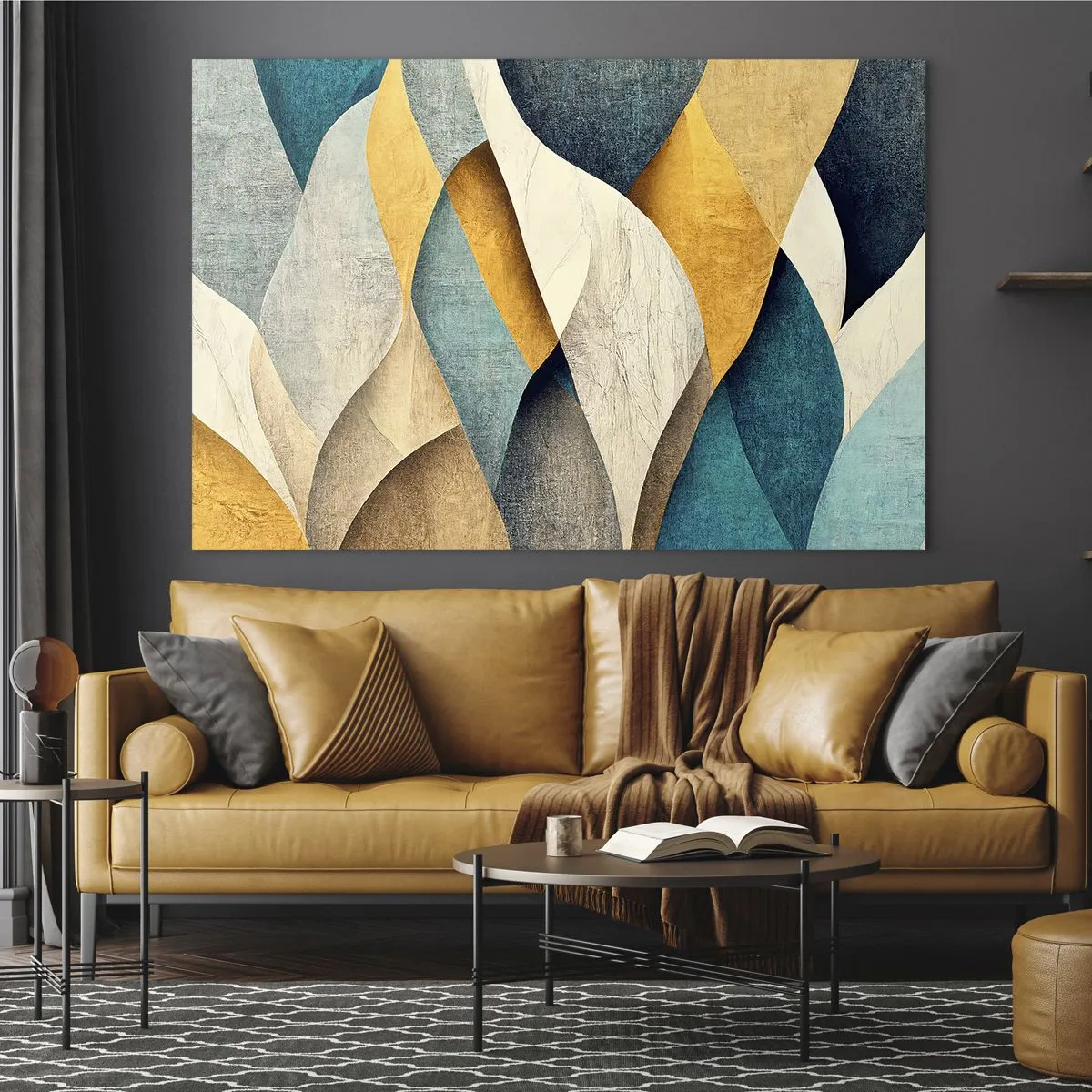 Quadro em vidro - Formas abstratas em tons de amarelo e azul - 70x50cm - Ritmo e onda - Decoração de parede moderna para a sala de estar e quarto ARTTOR
