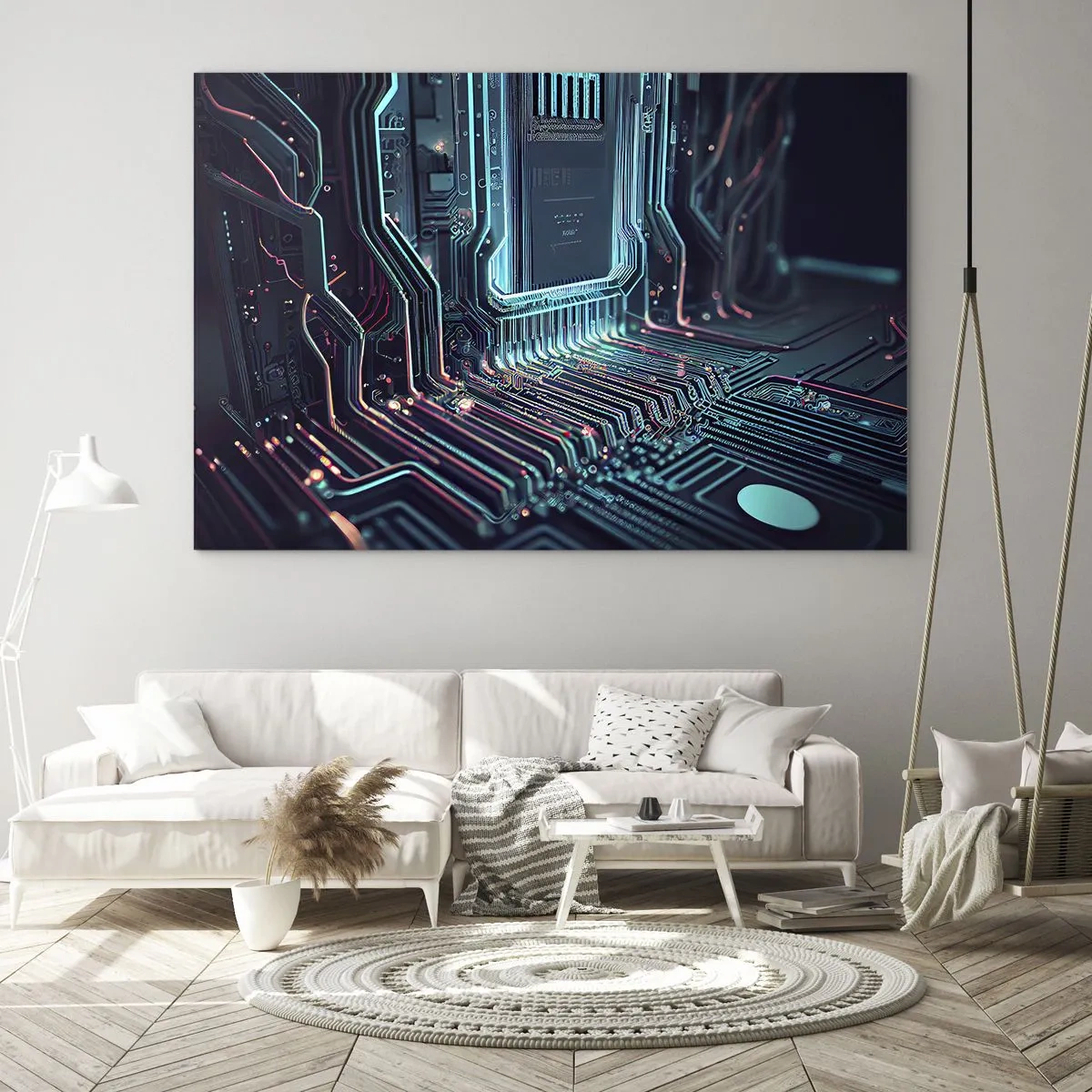 Quadro em vidro - Visualização de neon de traços do processador em um fundo preto - 70x50cm - Só estou a pensar... - Decoração de parede moderna para a sala de estar e quarto ARTTOR