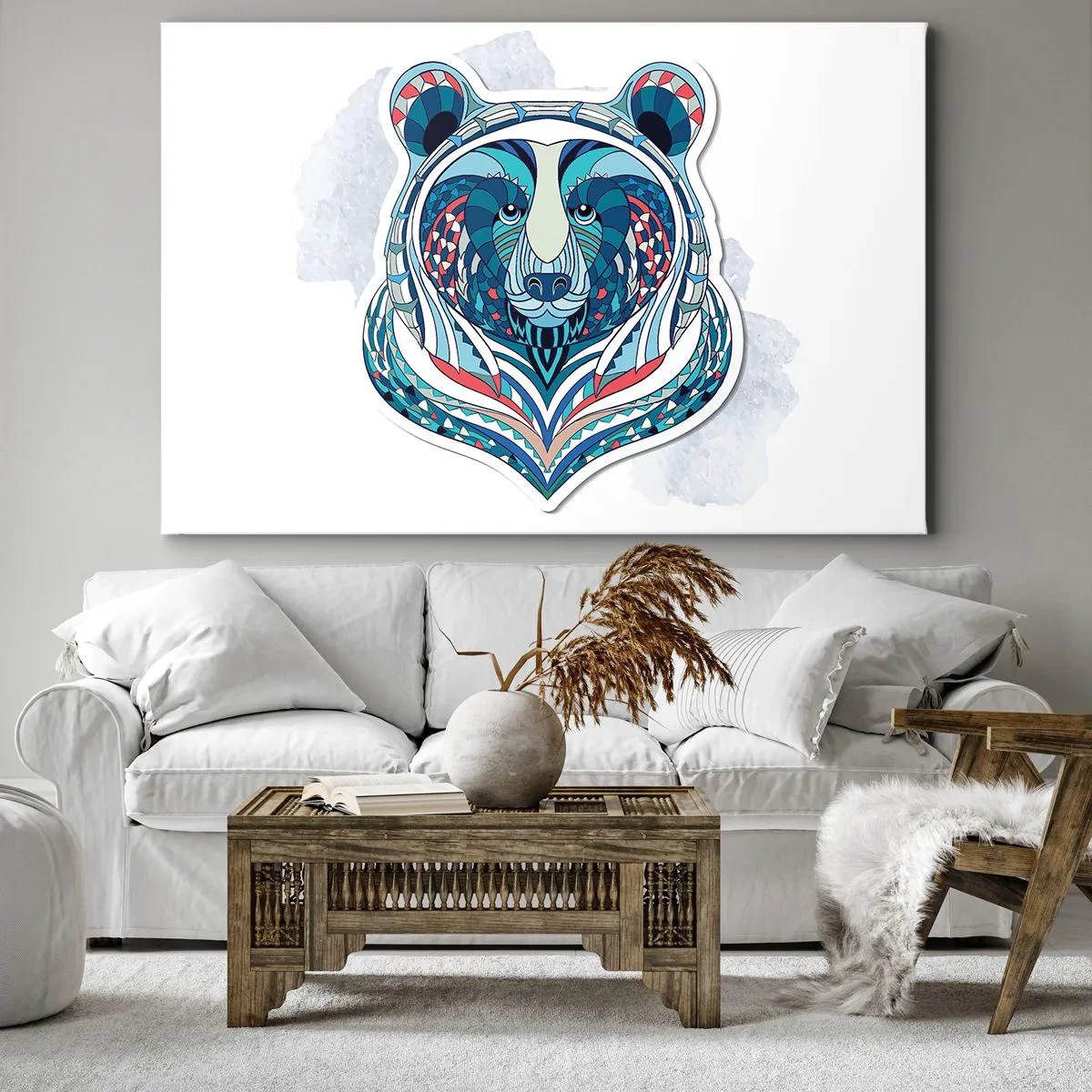 Quadro em tela - Urso geométrico em tons de azul e vermelho - 70x50cm - Eviva Gronelândia! - Decoração de parede moderna para a sala de estar e quarto ARTTOR