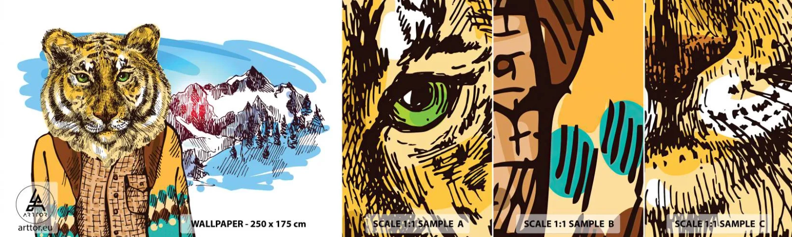 Amostra de Papel de Parede Standard Eco - Não tão selvagem como dizzem - Abstração, Tigre, Montanhas - 100x30 cm