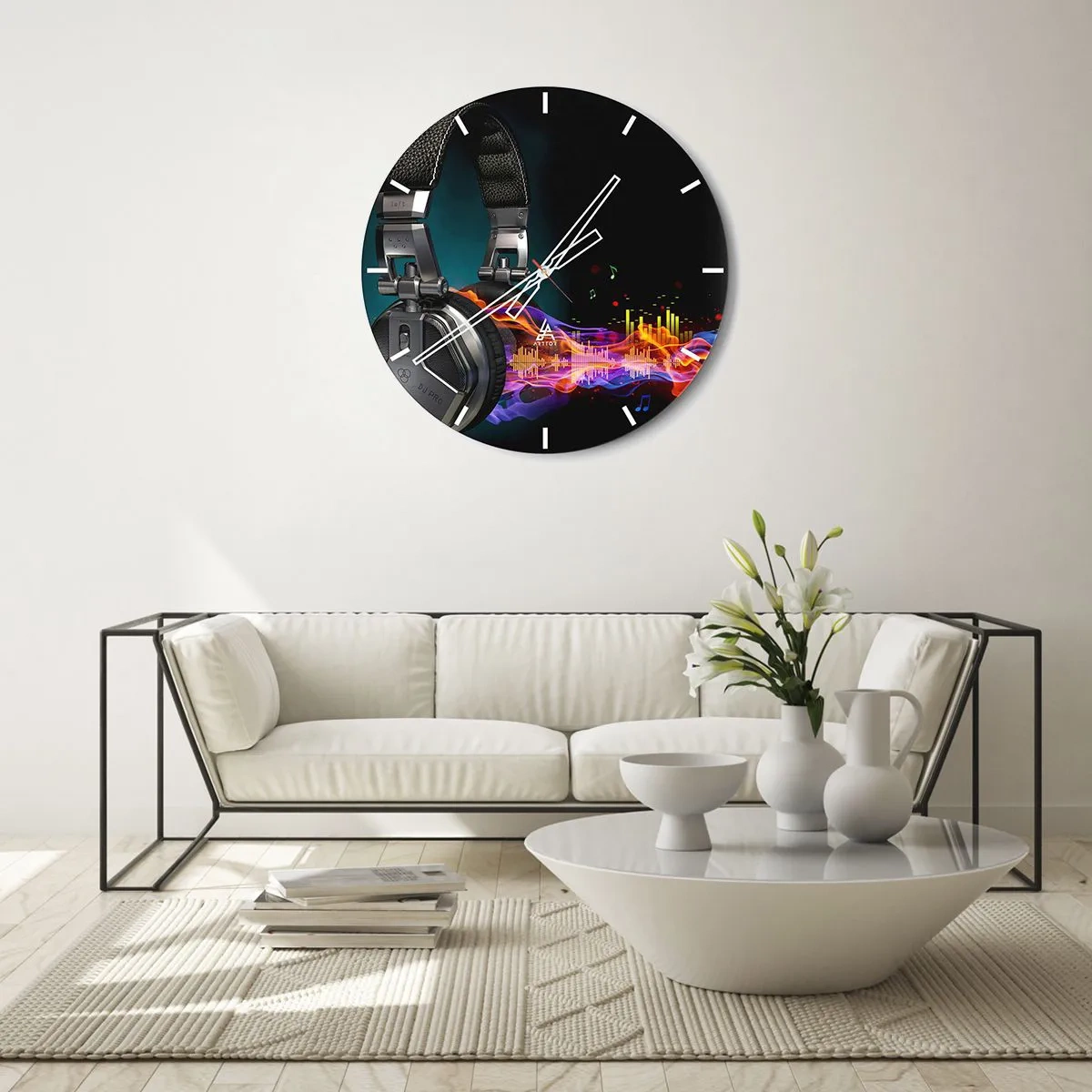 Relógio de parede - Relógio em vidro - Fones de ouvido com visualização musical e efeitos de cor - 30x30cm - No fogo da música - Decoração de parede moderna para a sala de estar, cozinha e quarto ARTTOR