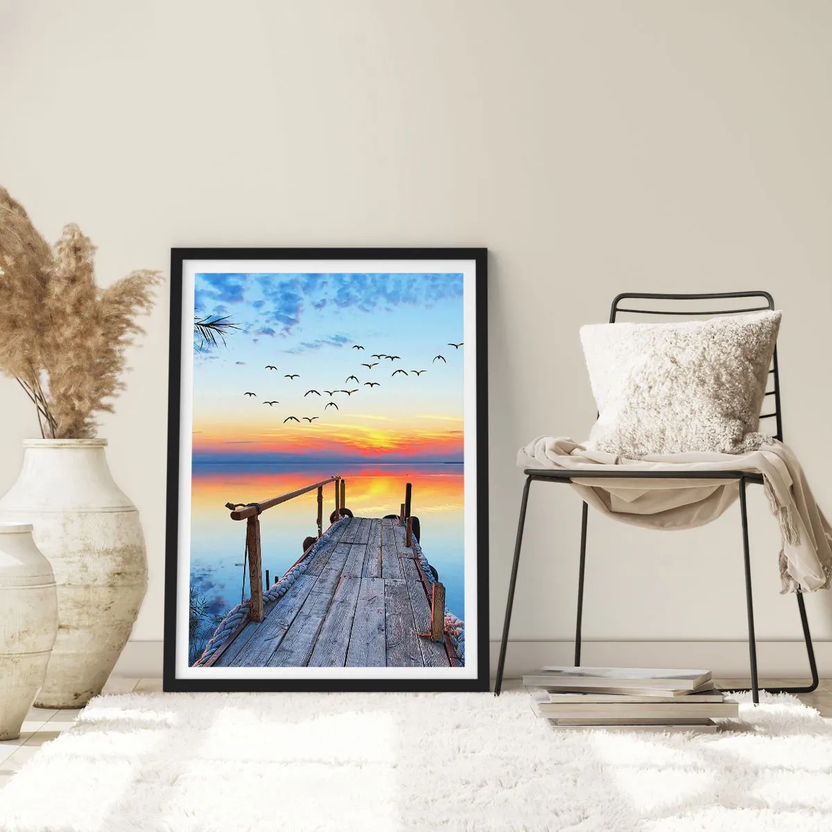 Pôster com moldura preta - Píer à beira do lago ao pôr do sol - 50x70cm - É hora de voltar... - Decoração de parede moderna para a sala de estar e quarto ARTTOR