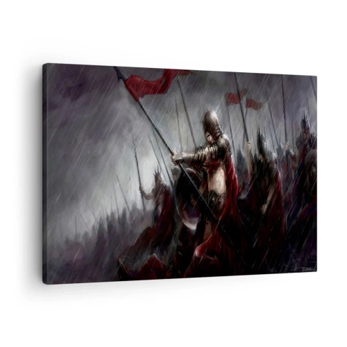 Quadro em tela - Cavaleiros marchando para o campo de batalha na chuva - 70x50cm - Viajante, vá e diga a Esparta... - Decoração de parede moderna para a sala de estar e quarto ARTTOR
