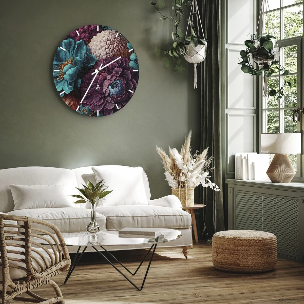 Relógio de parede - Relógio em vidro - Um rico buquê de flores escuras e turquesa com detalhes - 30x30cm - Natureza em abundância - Decoração de parede moderna para a sala de estar, cozinha e quarto ARTTOR