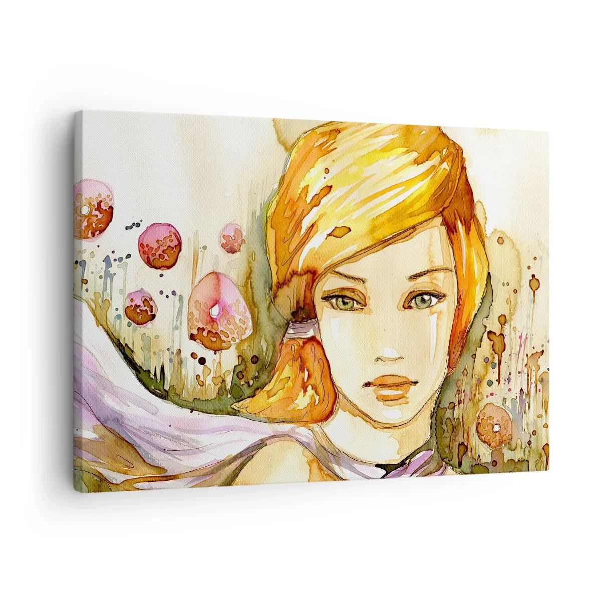 Quadro em tela - Retrato de uma mulher em cores aquarela com um olhar intenso - 70x50cm - Um olhar esmeralda que acalma a raiva - Decoração de parede moderna para a sala de estar e quarto ARTTOR