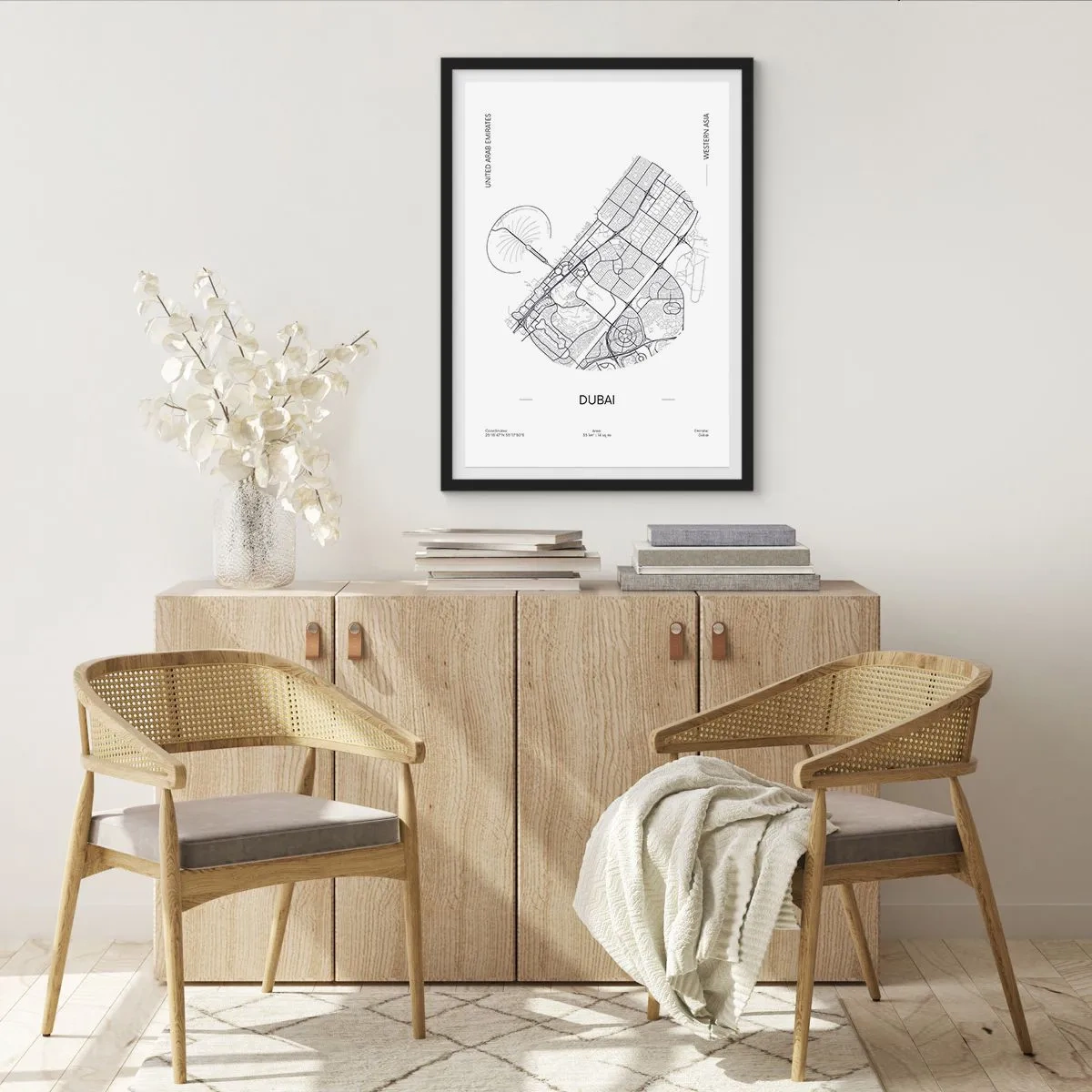 Pôster com moldura preta - Mapa minimalista em preto e branco de Dubai - 50x70cm - Anatomia de Dubai - Decoração de parede moderna para a sala de estar e quarto ARTTOR